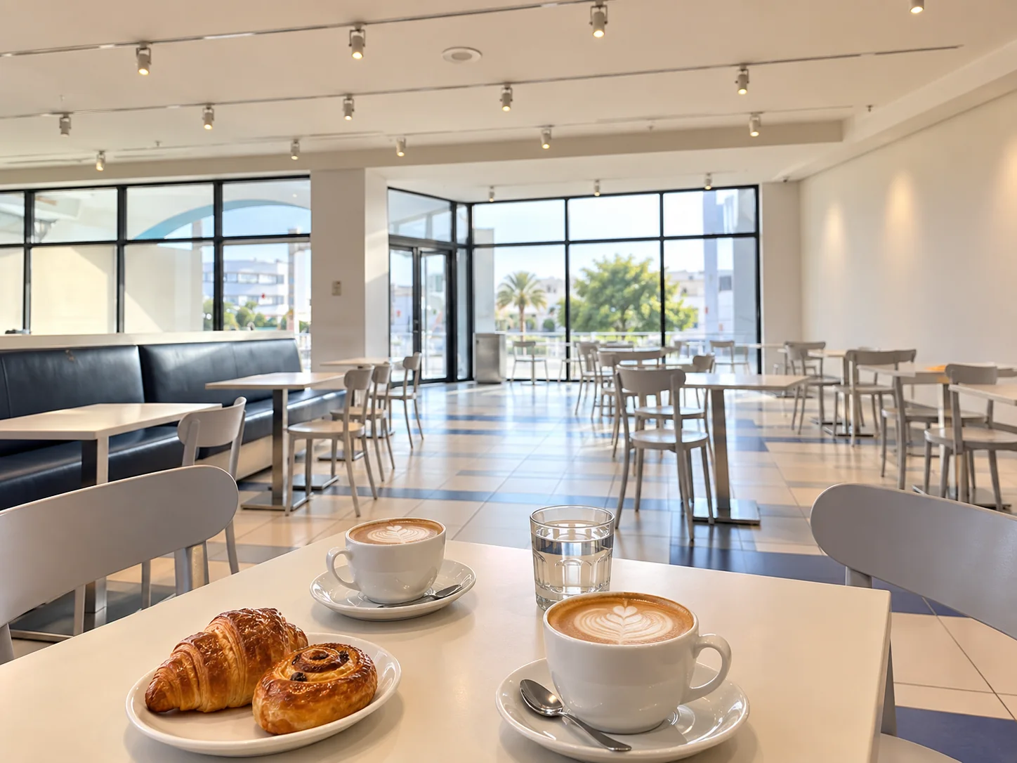 Deux cappuccinos et des viennoiseries dans un café inspiré de la salle vitrée de Djerba Mall